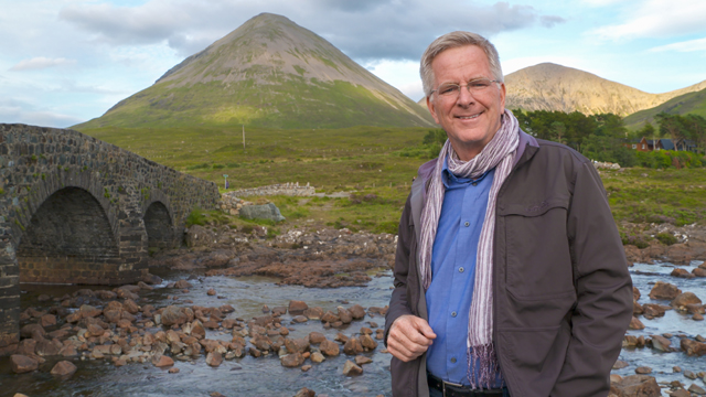 Rick Steves at the Skye Sligachan Bridge in Scotland